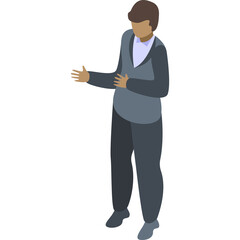 Isometric pixel art illustration of a person in a grey suit and blue shirt gesturing with hands on a white background