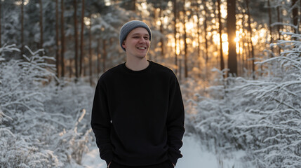 A man standing in a snowy forest at sunrise, wearing a black crewneck sweatshirt and smiling