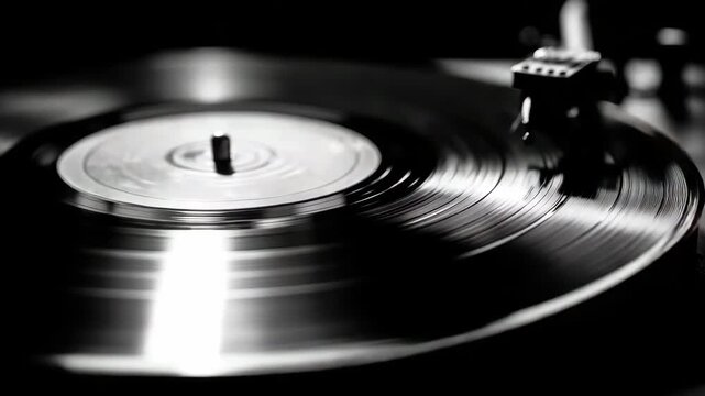A retro vinyl record spins on a turntable, creating smooth sounds and reflections in soft lighting that emphasizes the texture and shine