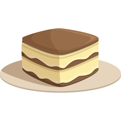 Square Slice Of Tiramisu Cake Dessert With Cream And Chocolate Layer On A Light Brown Plate With Transparent Background