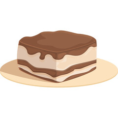 Square Tiramisu Cake Slice with Chocolate Drizzle and Cream Layers on a Light Yellow Plate Isolated on White Background