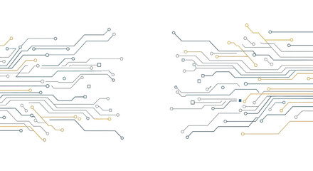 Circuit board lines and nodes on a white background