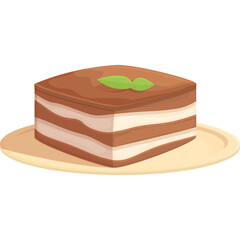 Square Tiramisu Dessert With Chocolate Cream And Mint Leaf On Top Served On A Round Plate In A Studio Shot