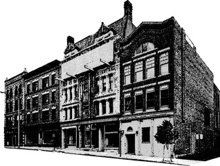 black and white graphic illustration depicts a row of vintage or historic buildings, capturing an urban streetscape theme. Key elements include multiple distinct facades, showcasing early 20th-century