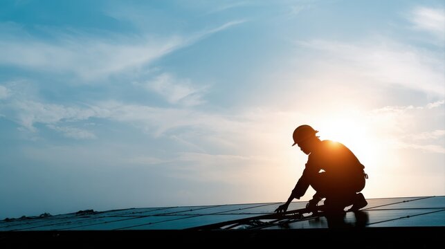 Technology solar cell, Engineer service check installation solar cell on the roof of factory on the morning. Silhouette technician inspection and repair solar cell on the roof of factory.
