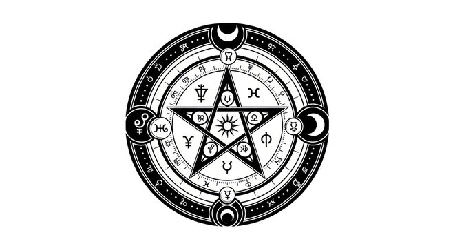 Mystical Pentagram in a Magic Circle with Alchemical Symbols.