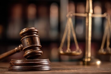 Class Action Law. Weight Scale of Justice in Legal Office with Judge's Gavel and Bookshelf