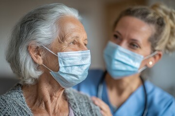 Clinical Compassion: Nurse Providing Care to Elderly Woman with Medical Mask for Safety and Health