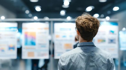 A young man stands in front of several research posters displayed at a contemporary conference. The environment highlights learning, networking, and the sharing of scientific knowledge