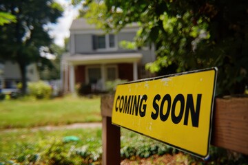 Coming Soon House. Residential Neighborhood with For Sale Sign near Home
