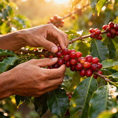 Obraz premium Hands carefully selecting and picking ripe, vibrant red coffee cherries from branch on lush, sun-drenched coffee plant during a beautiful morning harvest.