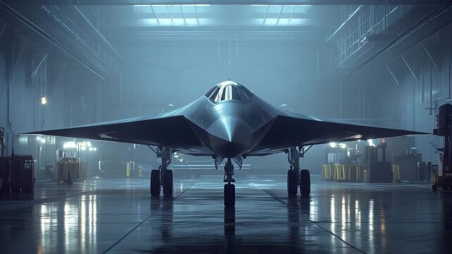 An advanced stealth aircraft is displayed inside a spacious hangar, surrounded by shadows and dramatic lighting that highlight its features