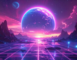 Captivating digital artwork showcasing a futuristic, vibrant landscape with a massive planet dominating the sky, illuminated by a bright neon glow amidst the stunning purple and pink hues.