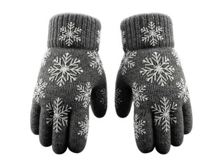 Gray knitted winter gloves with white snowflake pattern isolated on transparent background