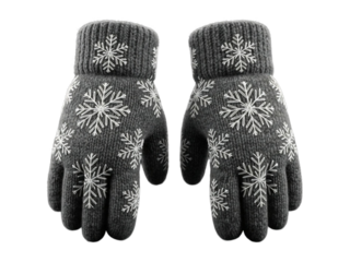Gray knitted winter gloves with white snowflake pattern isolated on transparent background