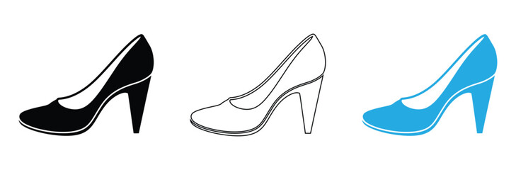 Elegant high heel shoe icons in black, outline, and blue show fashion styles,Three high heel shoe icons in black, outline and blue isolated on white background