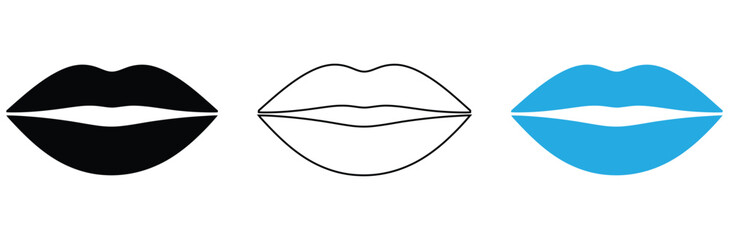 Lips icon isolated on white background.Three modern lips in black outline and blue perfect for beauty or fashion designs,Lips vector illustration isolated on white background.