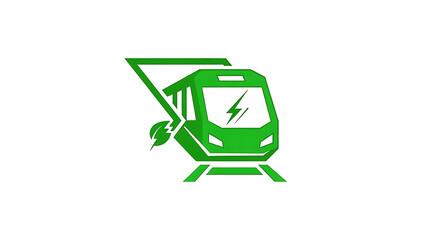 Green electric train logo with leaf and lightning bolt on white background, front view ai generated
