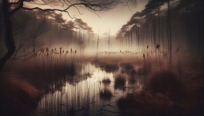 Misty wetland forest with reflections and reeds in warm brown tones