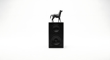 A black speaker with two woofers and a geometric horse figurine on top against a white background ai generated
