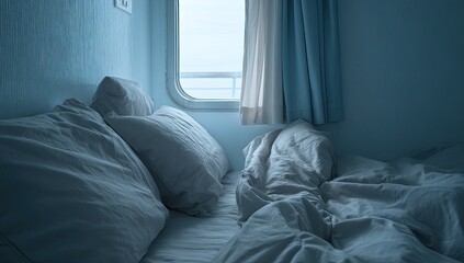 A dimly lit cabin bed with rumpled sheets