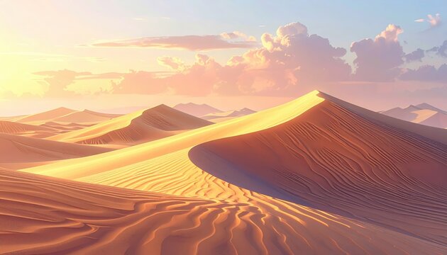 Serene landscape showcases rolling sand dunes under a warm, sunlit sky, with soft clouds adding depth,