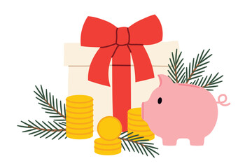 piggy bank and Christmas present; symbolizing the concept of expensive holidays, festive spending, and financial planning during Christmas season- vector illustration