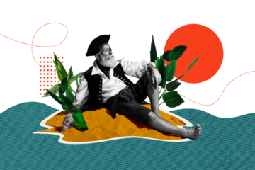 Trend artwork composite banner photo collage of island sea water summer sun aged man beard pirate masquerade sailor hand hold bottle glass