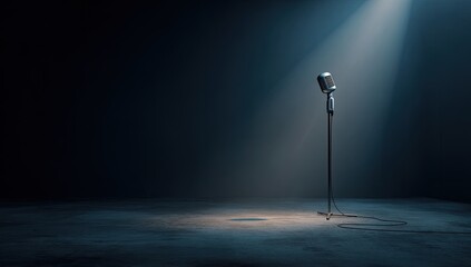 Empty stage lit by spotlight with microphone
