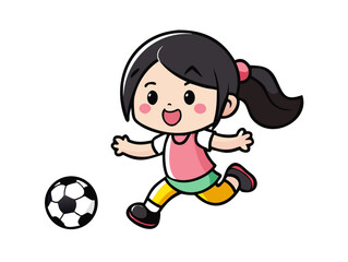 Minimalist Style Characters Designs Vector Art Illustration. A cute girl is playing soccer happily. Black outline with flat colors, minimalist style.