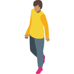 Isometric illustration of a person wearing a yellow long sleeve shirt and blue pants with pink shoes walking on a white background isolated graphic design