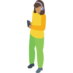 Isometric illustration of a person wearing headphones and holding a smartphone with a transparent background