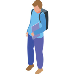 Isometric Illustration of a Person with Backpack and Laptop Walking on a White Background Representing Travel and Education Concepts