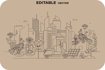 Obraz premium Hand drawn cityscape with buildings and trees