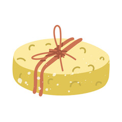 oval yellow handmade soap bar tied with twine. flat vector illustration with white noise splashes. vibrant illustration. for eco-friendly cosmetics, spas, wellness, packaging design, or presentations