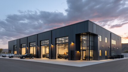 Obraz premium Modern industrial building with cars parked outside and inside at sunset