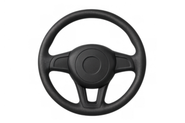 Black plastic steering wheel for car control and driving, isolated on transparent background, top view