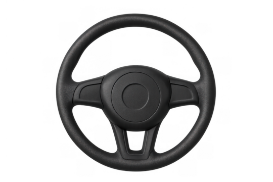 Black plastic steering wheel for car control and driving, isolated on transparent background, top view