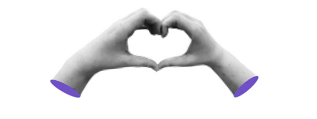 Halftone heart in media with love concept and hand. Like shape retro form icon with gesture symbol. Emoji vintage vector grunge and passion design.