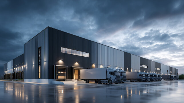 Modern logistics warehouse with trucks parked at loading docks in evening
