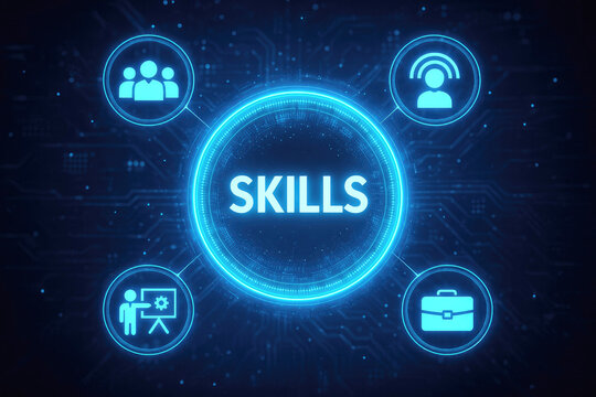 Digital concept of skills development with interconnected icons and glowing circuits learning education