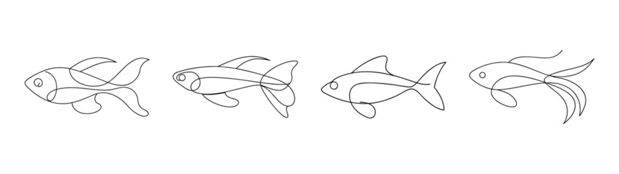 Detailed line art sketch of four swordtail fish displaying their fins and tails gracefully swimming side by side