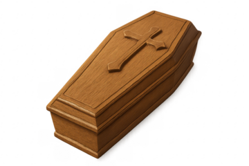 Wooden coffin with cross on transparent background