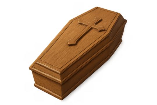 Wooden coffin with cross on transparent background