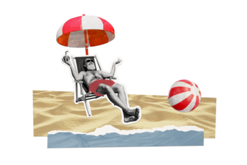 Composite photo collage of happy old man lie beach lounger umbrella drink coconut cocktail enjoy vacation isolated on painted background