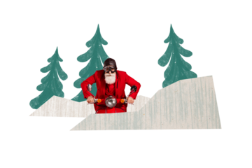 Composite photo collage of serious santa claus man drive old vespa moped new year delivery outside snow tree isolated on painted background