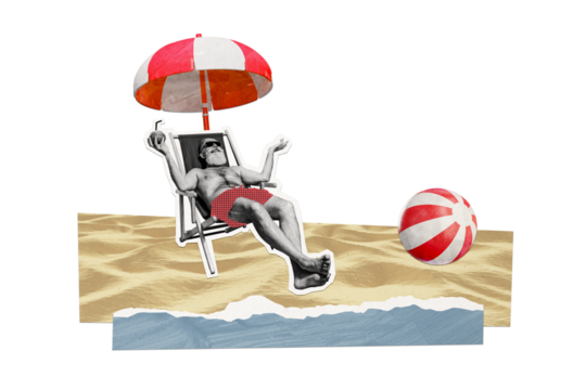 Composite photo collage of happy old man lie beach lounger umbrella drink coconut cocktail enjoy vacation isolated on painted background - Powered by Adobe