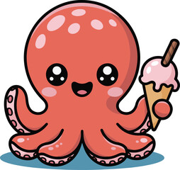 Cute pink octopus holding an ice cream cone with joyful expression on a light blue background scene