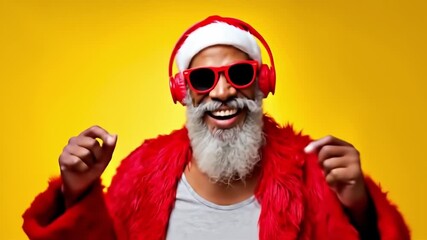 A man in a santa claus outfit and red headphones pointing at the camera