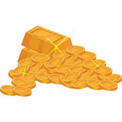 Stack Of Gold Bars And Coins With Sparkles On Transparent Background